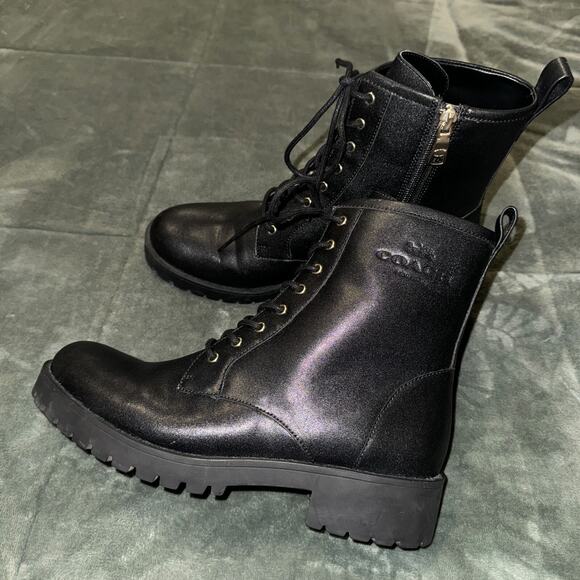 COACH Lyra Leather Bootie Women’s 9.5 B Black Combat Boot Lace-Up Shoes CW710 - Picture 1 of 12